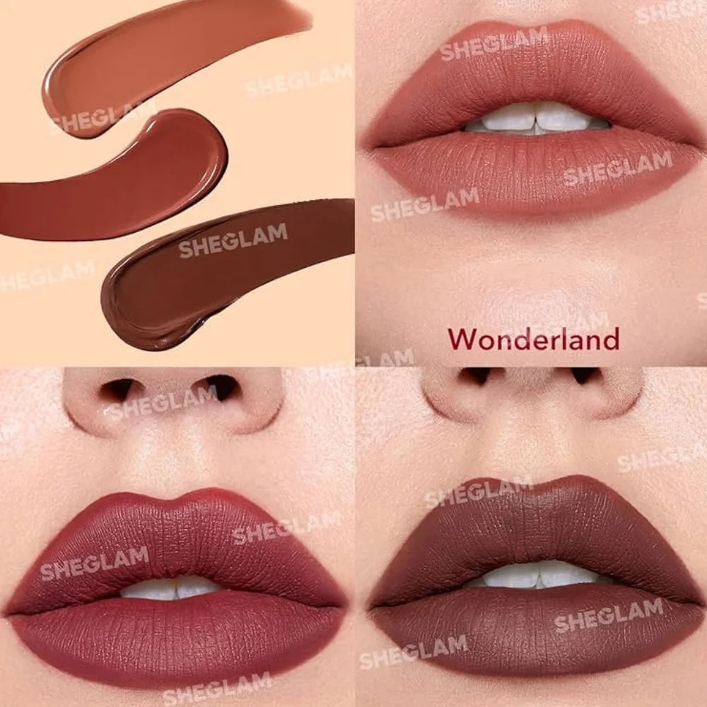 Matte liquid lip swatches on lips in terracotta and deep brown shades
