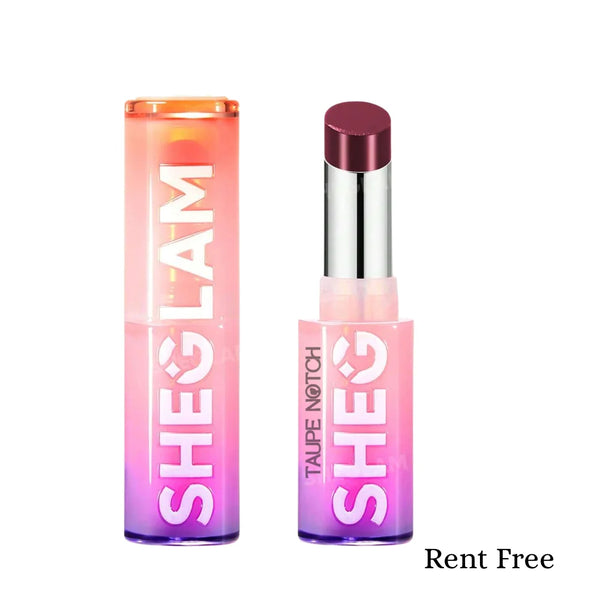 High-shine lipstick shade Rent Free, plum cap with clear tube and pink base