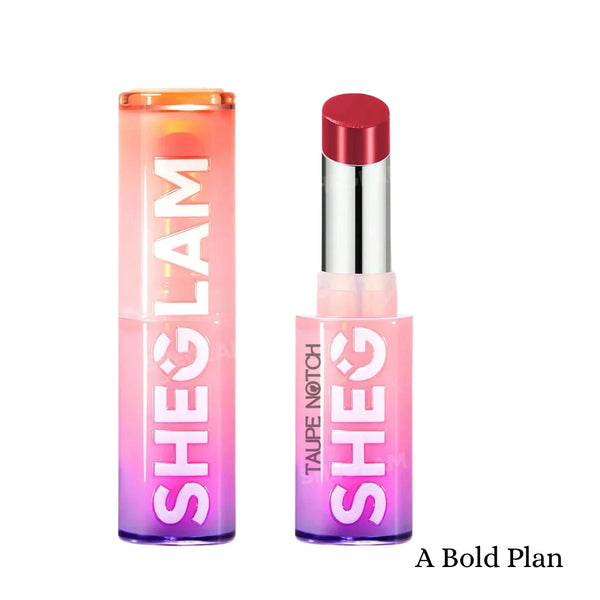 High-shine lipstick shade A Bold Plan, deep berry cap with clear tube and pink base