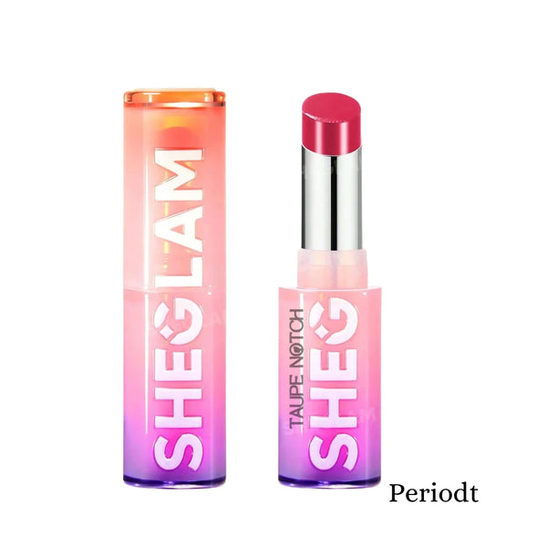 High-shine lipstick shade Periodt, bright red cap with clear tube and pink base