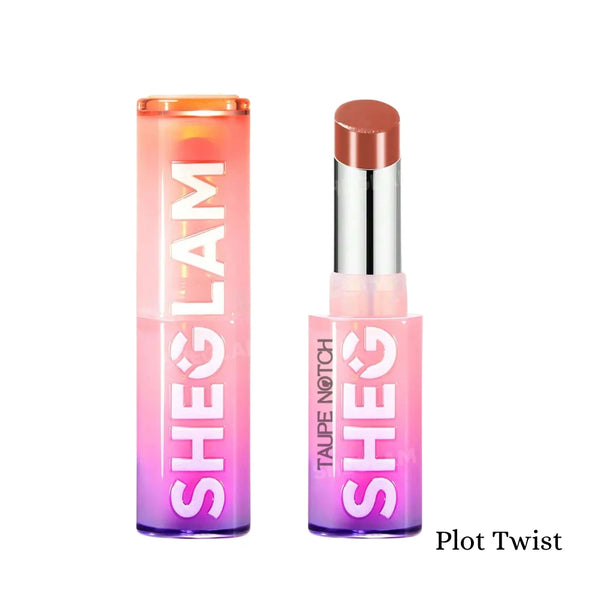 High-shine lipstick shade Plot Twist, copper cap with clear tube and pink base