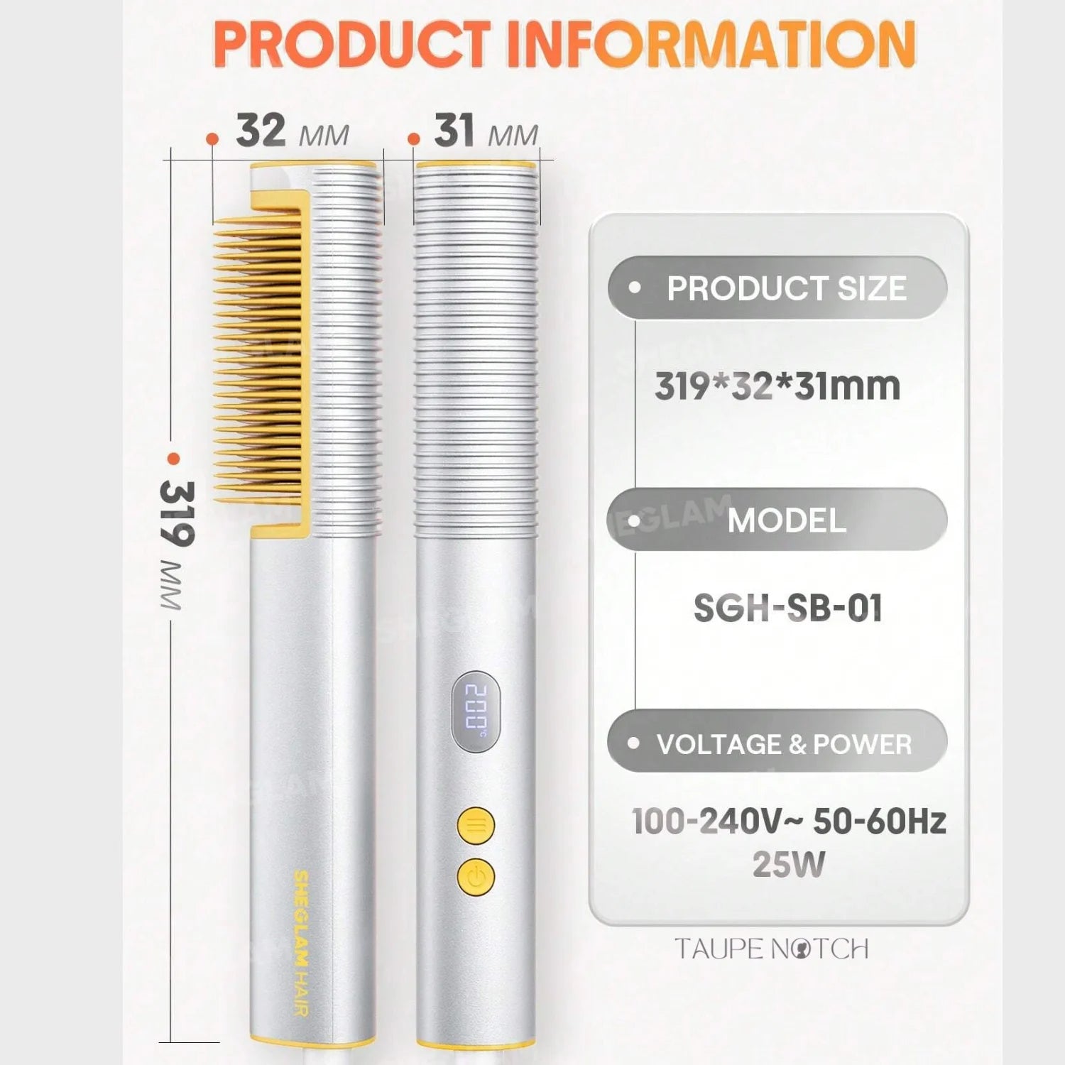 Thermal straightening brush with silver barrel and gold comb teeth, dual set view