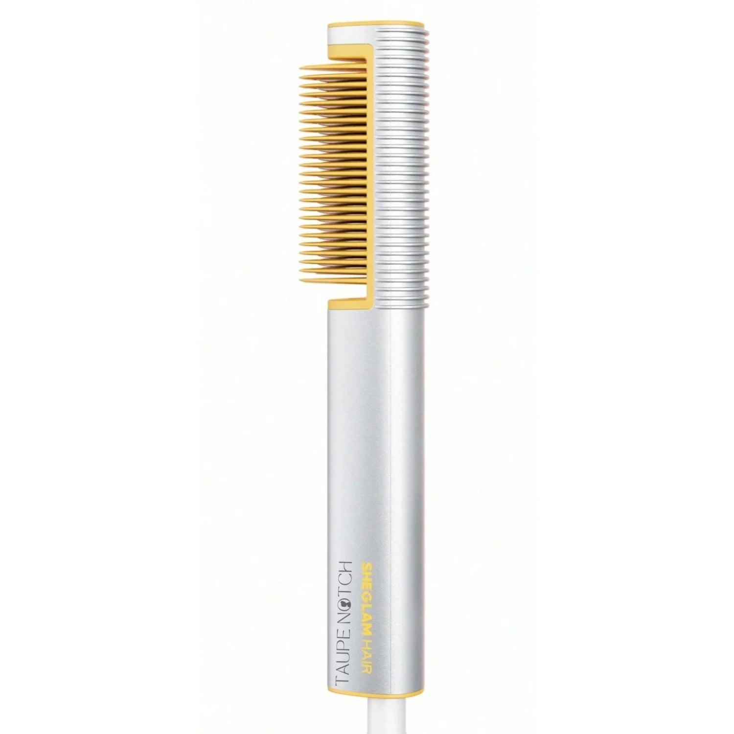 Thermal straightening brush with silver handle and gold heated comb teeth, vertical view