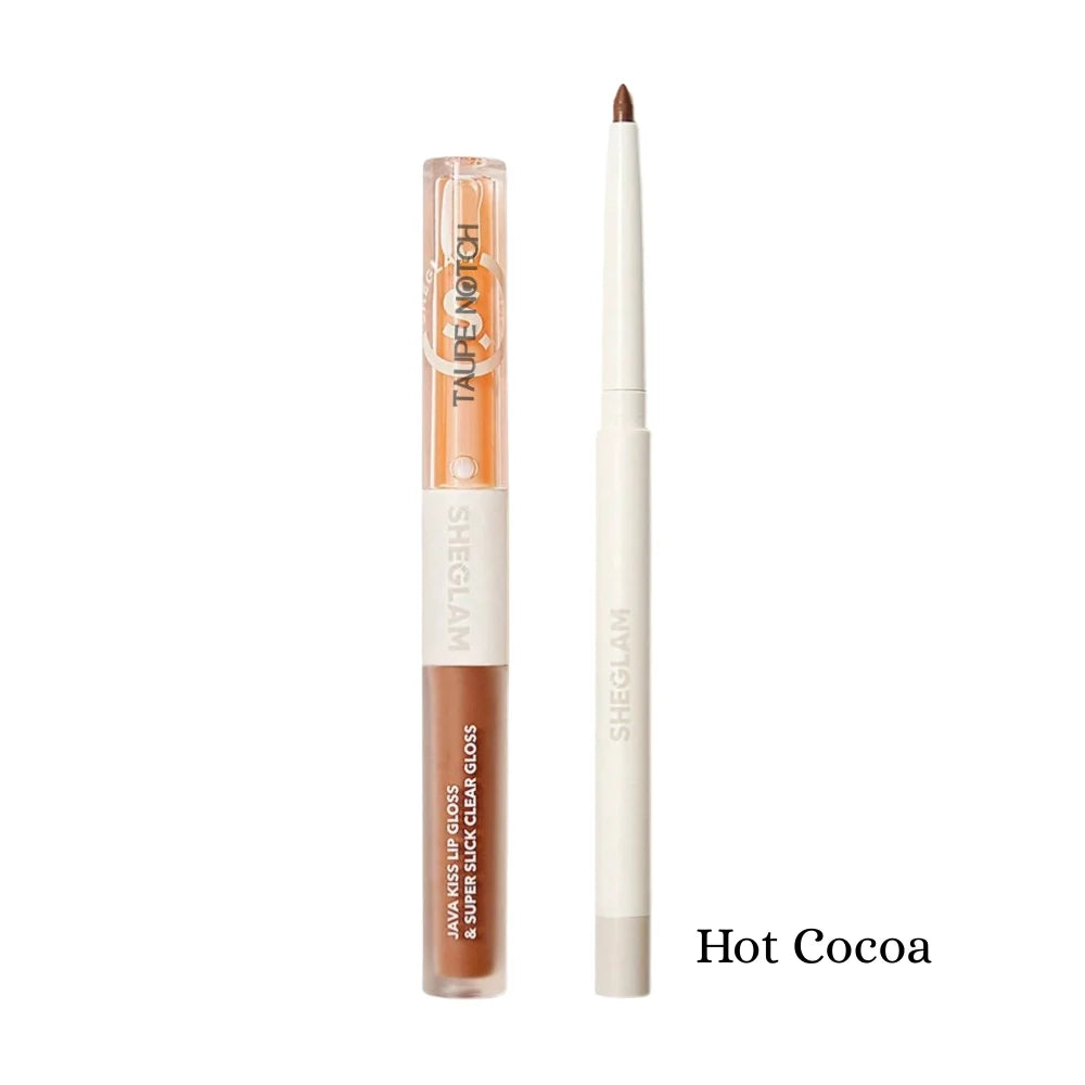 Lip liner and lip gloss set with brown pencil and clear gloss, Hot Cocoa shade