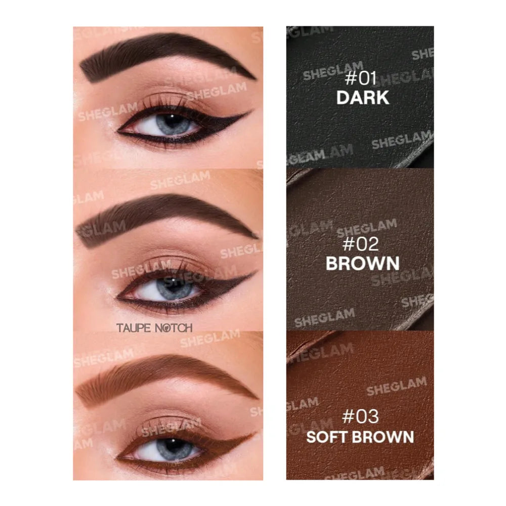 Brow and winged eyeliner look using dark, brown, soft brown gel shades