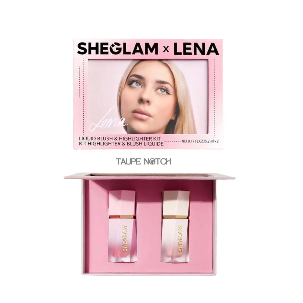 Liquid blush and highlighter kit with two bottles in pink open box, shade Taupe Notch