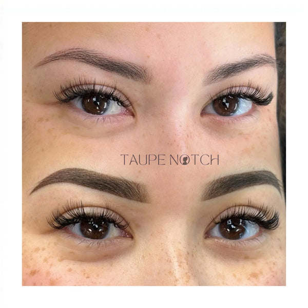 Taupe brow pencil applied matte-looking brows, hairlike strokes and tidy shape