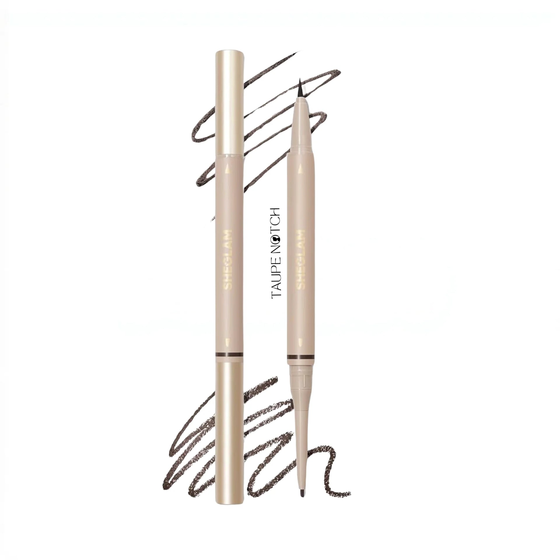 Pair of taupe brow pencils, one with brush, one with extra-skinny matte cream tip