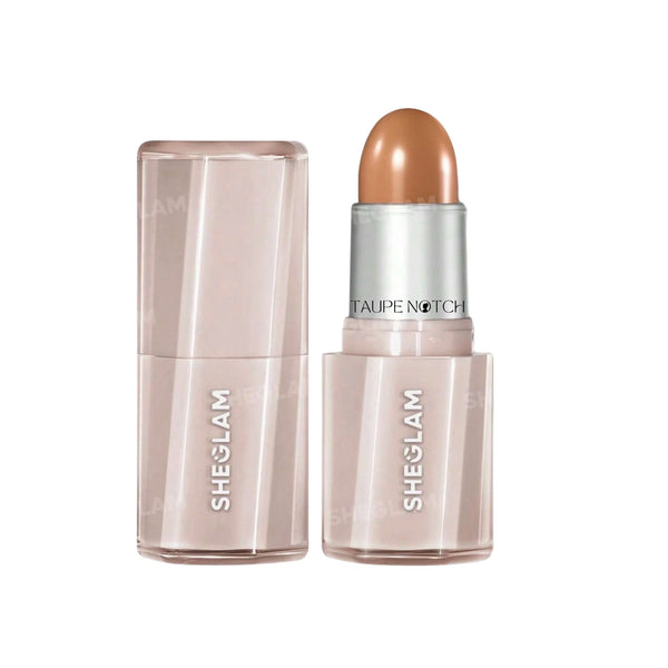 Sheglam bronzer stick in Taupe Notch, silver cap, nude-brown balm tube