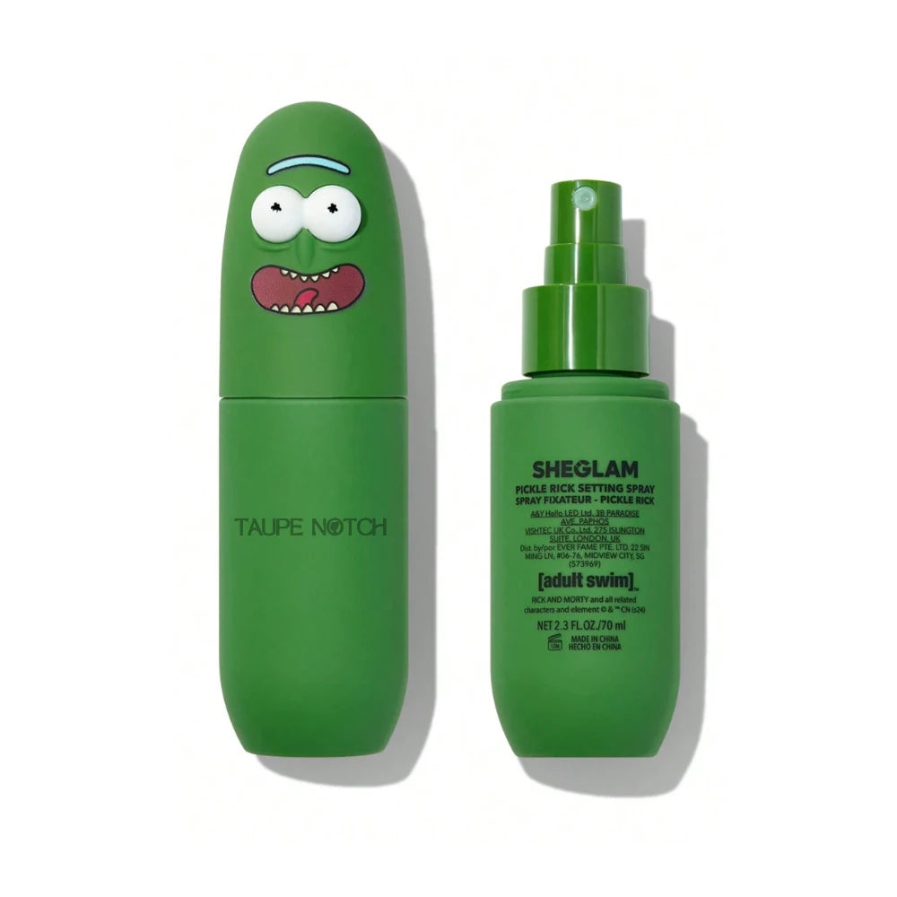Sheglam setting spray bottle with green cartoon character graphic