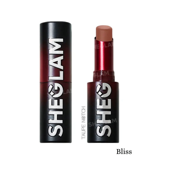 Matte lipstick set, warm terracotta shade in black tube with open cap (Bliss).
