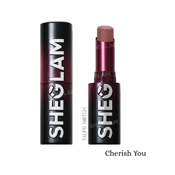 Matte lipstick set, mauve-pink shade in black tube with open cap (Cherish You).