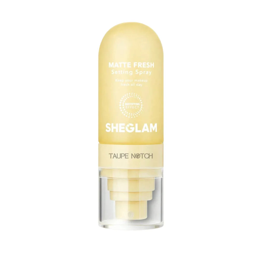 Setting spray bottle with Sheglam label, light tan cap and nozzle