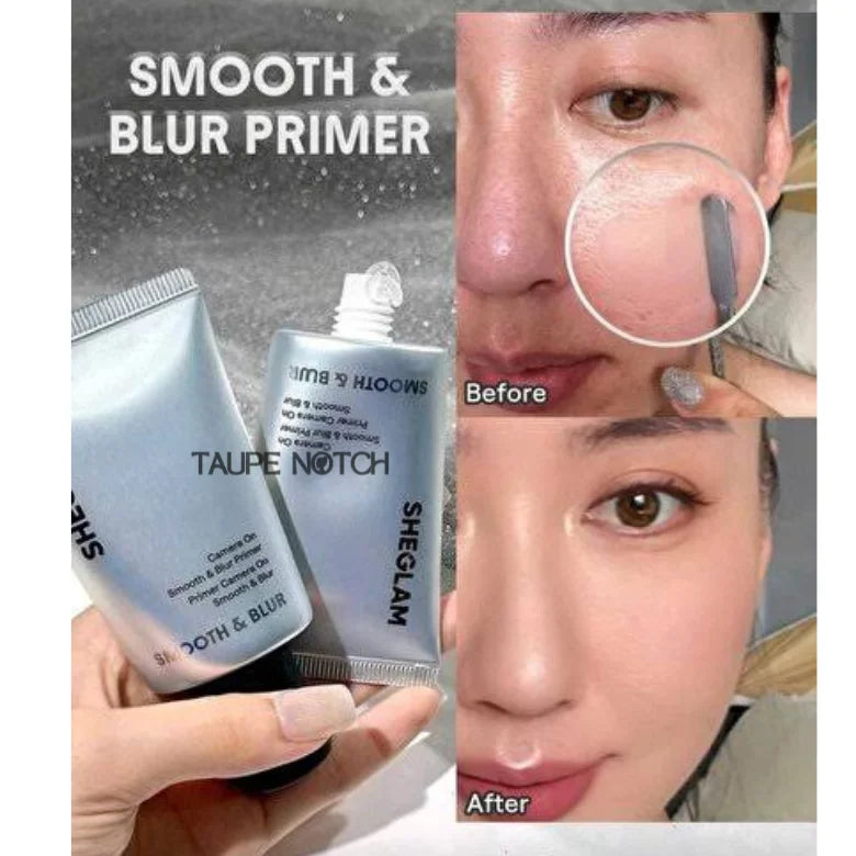 Smooth & Blur primer tubes in hand, shown on face with before/after