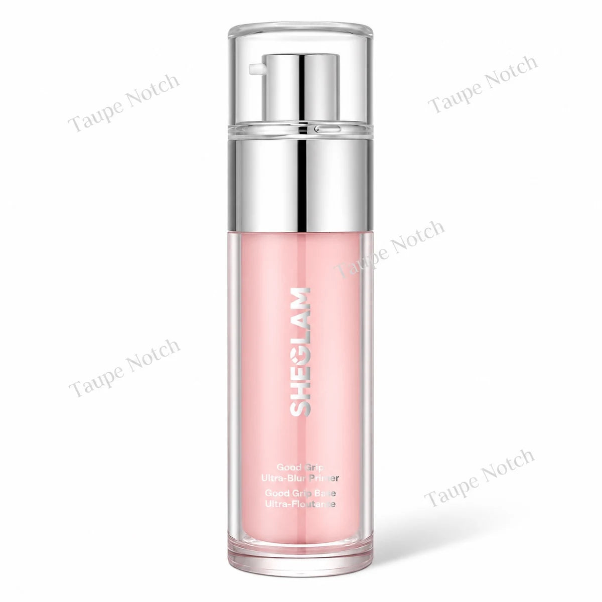 Sheglam pink face primer bottle with silver cap, clear glass container