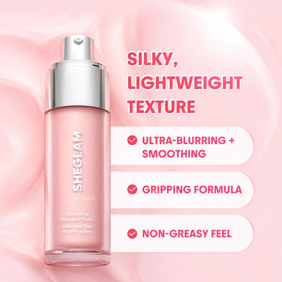 Sheglam pink face primer bottle with silver pump, ultra-blur smooth texture