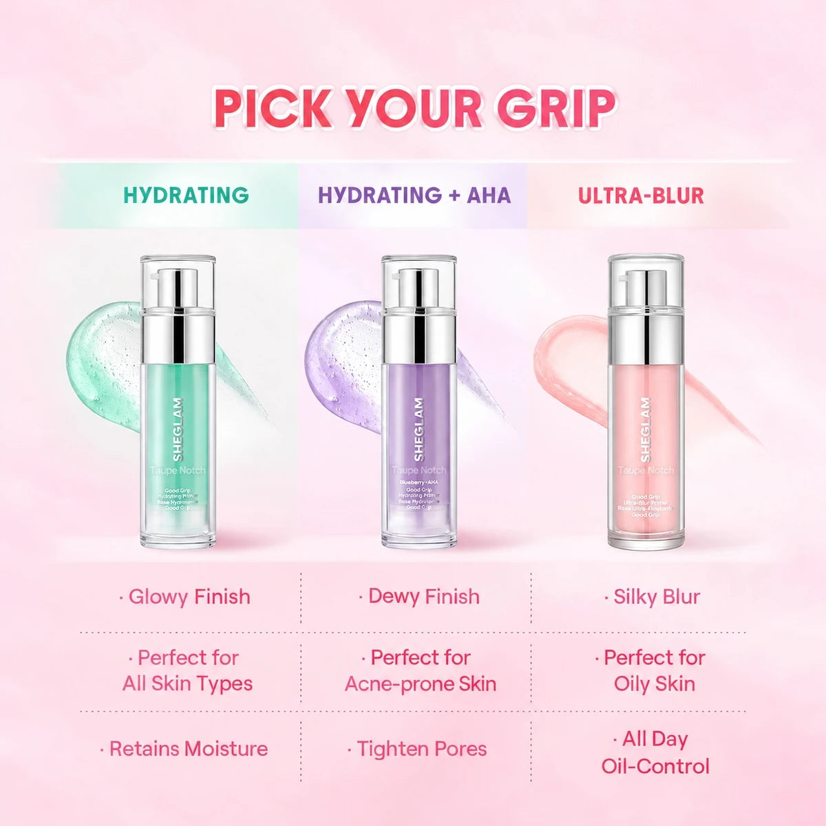 Sheglam face primer set: three bottles in aqua, violet, and pink
