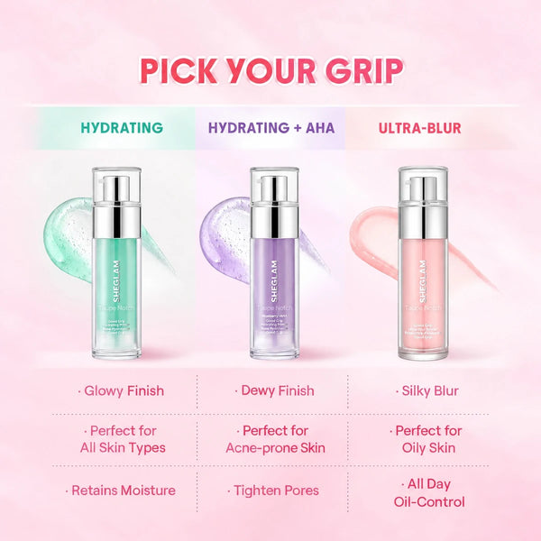 A picture where three primer, the color, green, purple and pink are collaged to show how they works together from the brand name sheglam