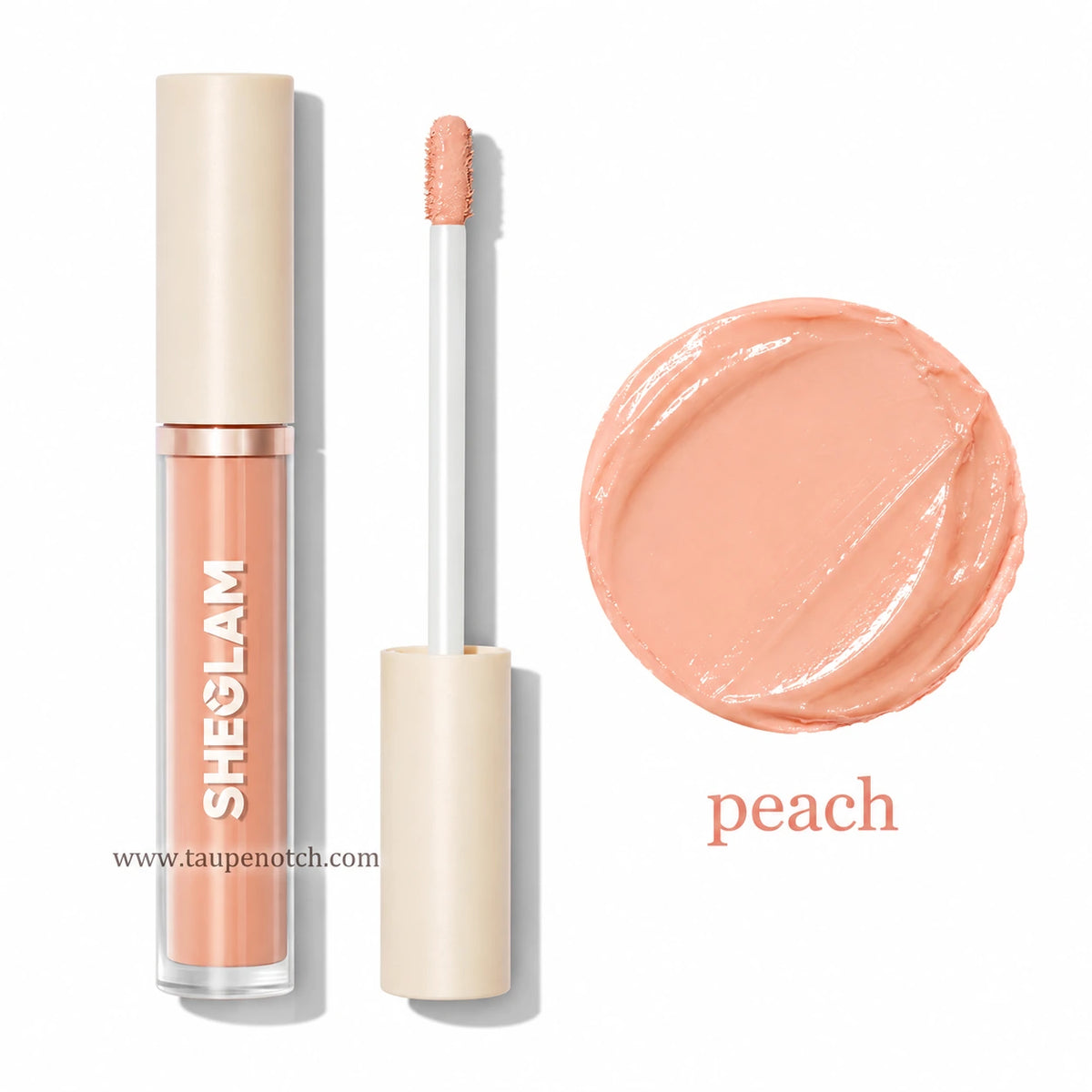 Concealer tube with applicator brush, peach color-correcting shade