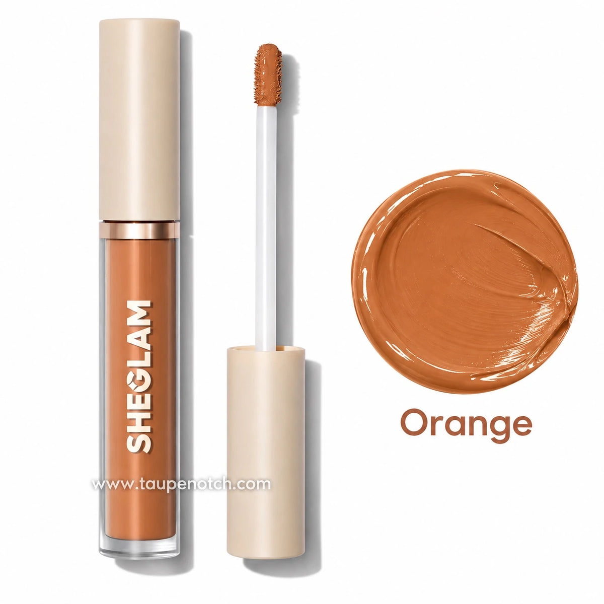 Concealer tube with applicator brush, orange color-correcting shade