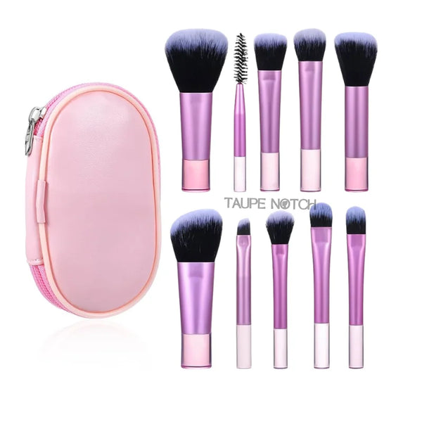 Makeup brush set with pink zip pouch and purple-toned handles, soft black bristles