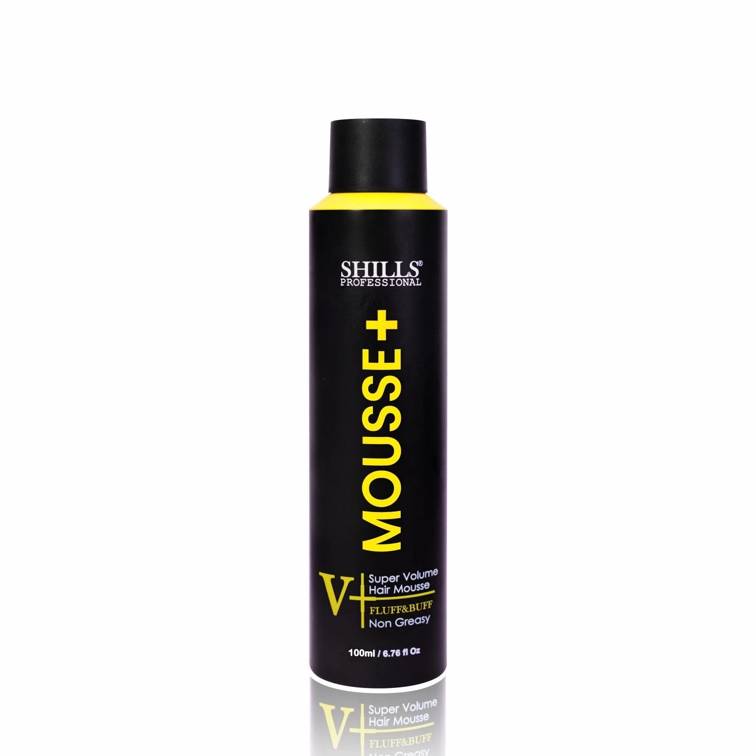 A 100ml black bottle of Shills Professional Mousse+ hair volumizer, featuring bold yellow text and accents on a clean white background with a subtle reflection.