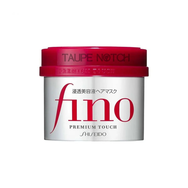 Shiseido hair mask jar with red cap and white container, labeled Fino Premium Touch