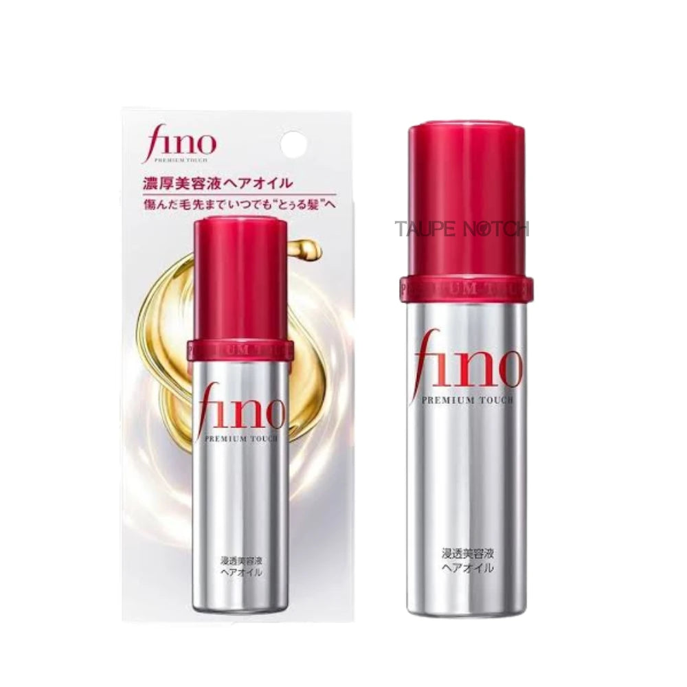 Hair serum bottle with red cap and silver body, Fino Premium Touch label