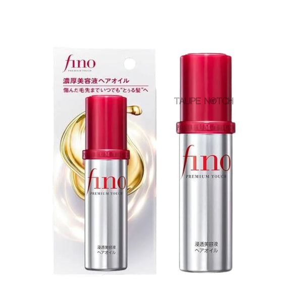 Hair serum bottle with red cap and silver body, Fino Premium Touch label