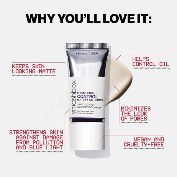 Smashbox Photo Finish Control mattifying primer tube, upright view, taupe notch, 10 ml.