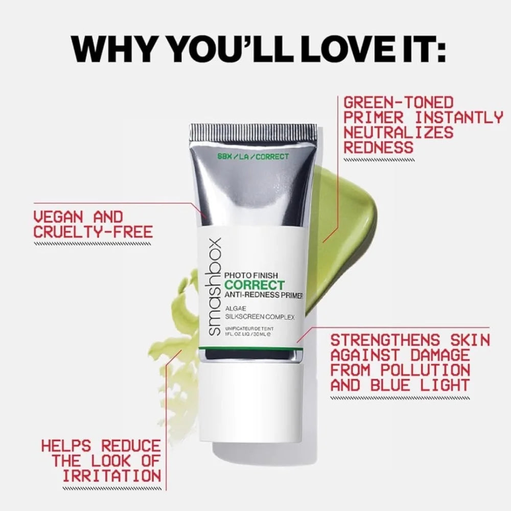 Smashbox anti-redness makeup primer tube with silver cap and green accent