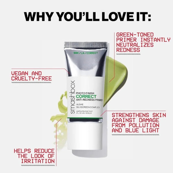 Smashbox anti-redness makeup primer tube with silver cap and green accent