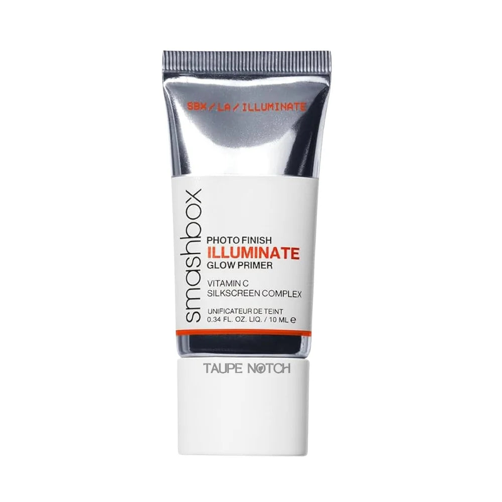 Squeeze makeup primer tube with metallic silver top and white base