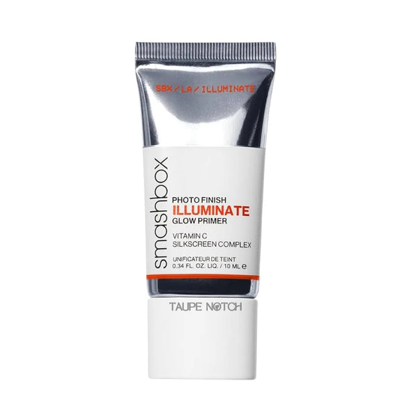 Squeeze makeup primer tube with metallic silver top and white base