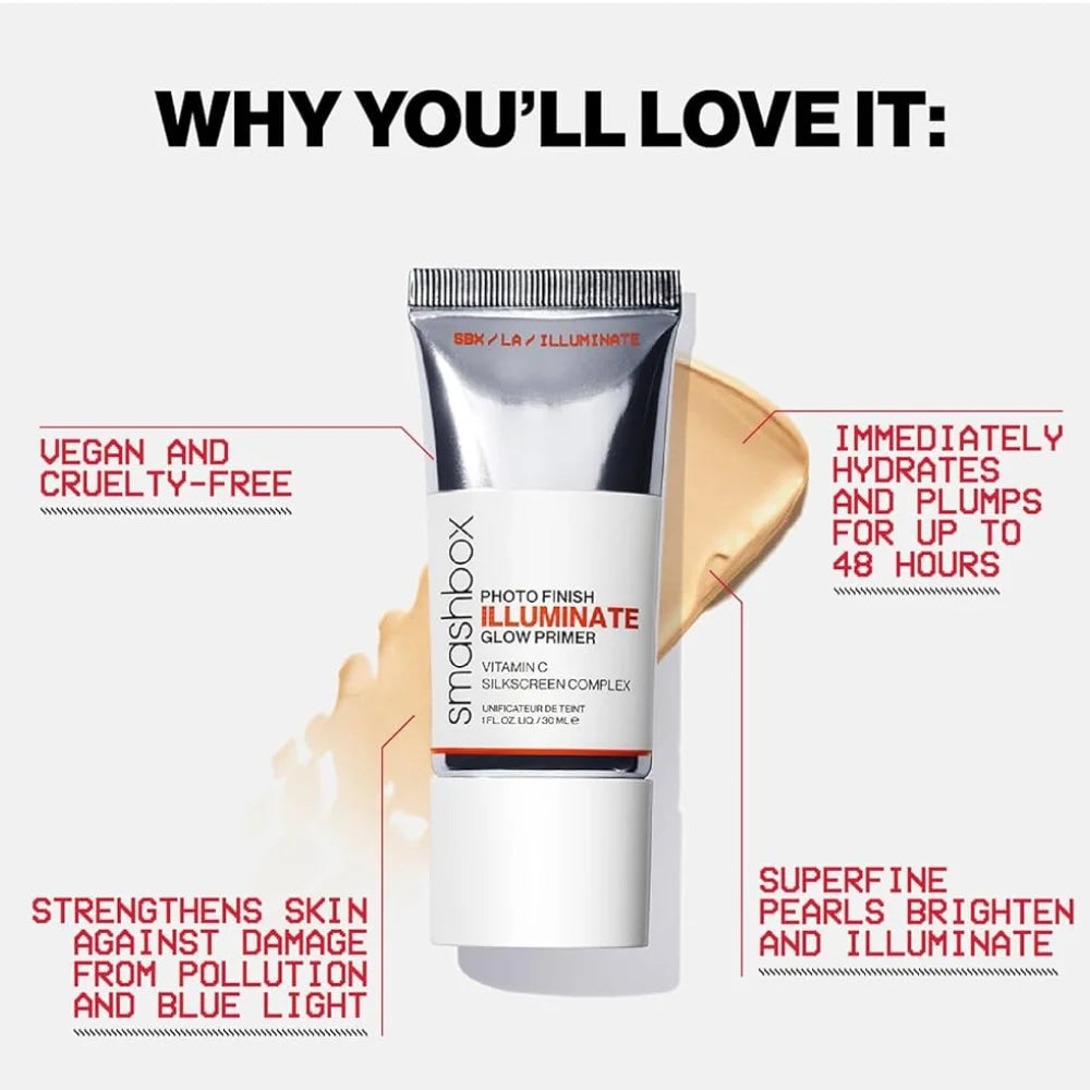 Makeup primer tube with metallic silver cap, shown with hand applying cream
