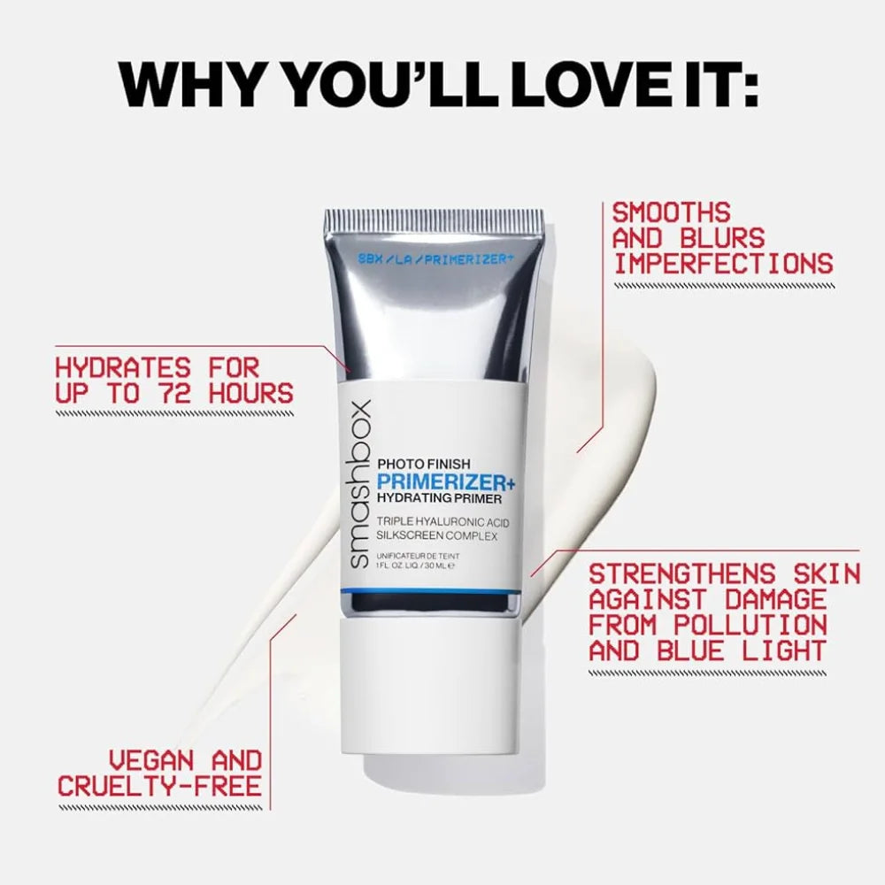 Hydrating face primer tube with silver top and white body