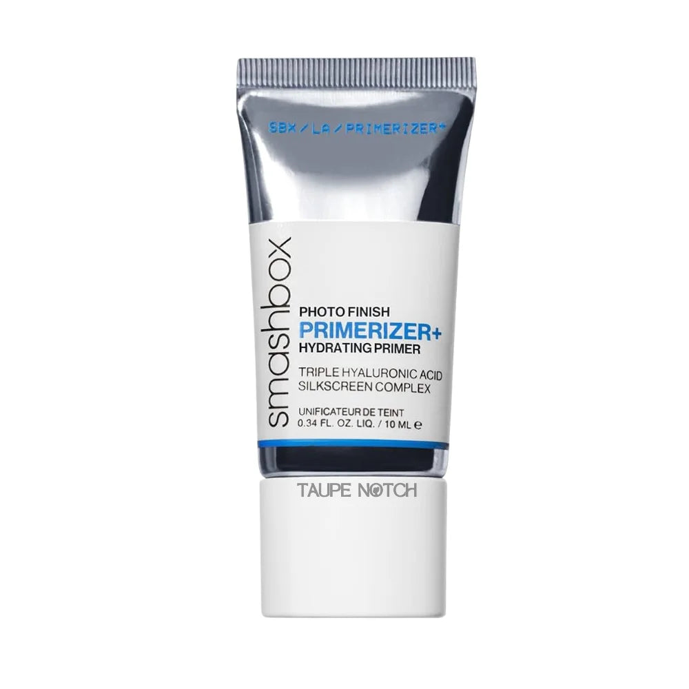 Hydrating primer tube with silver top, white base, Taupe Notch label