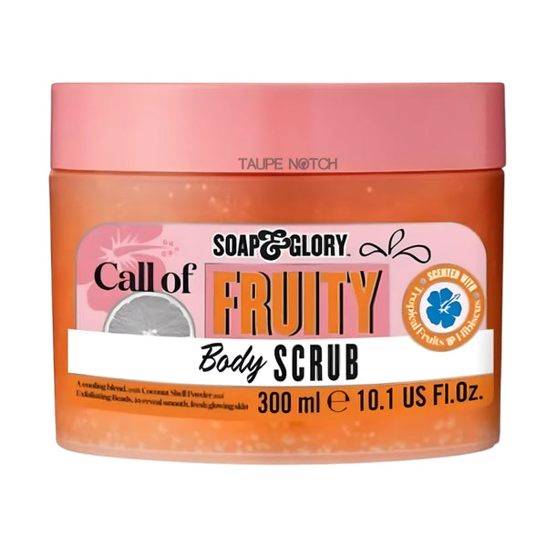 Soap & Glory Call of Fruity body scrub jar, orange with pink lid, 300 ml