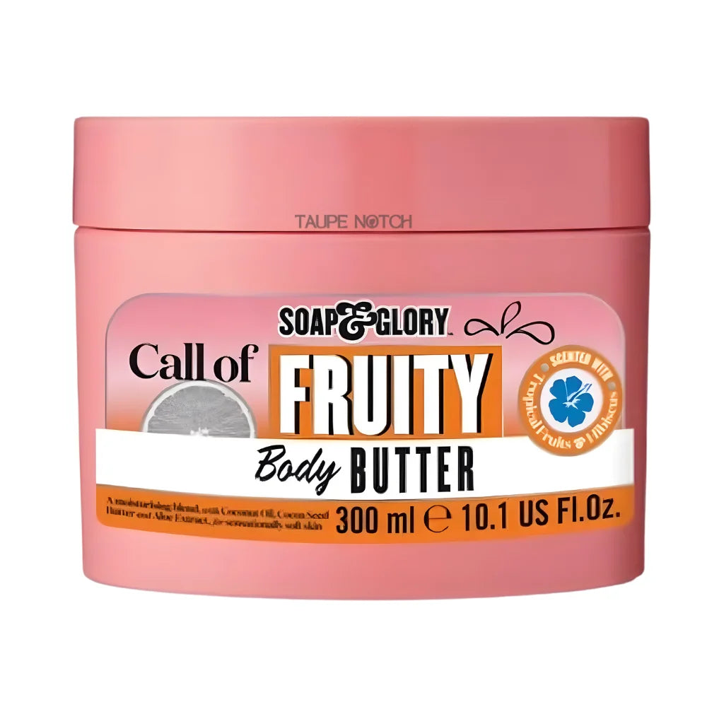 Pink Soap & Glory body butter jar with label, gold seal, 300 ml