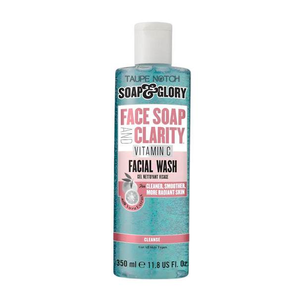 Soap & Glory facial wash bottle, teal with white cap; Vitamin C clarity