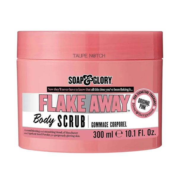 Soap & Glory Flake Away body scrub jar, pink tub with 300 ml label