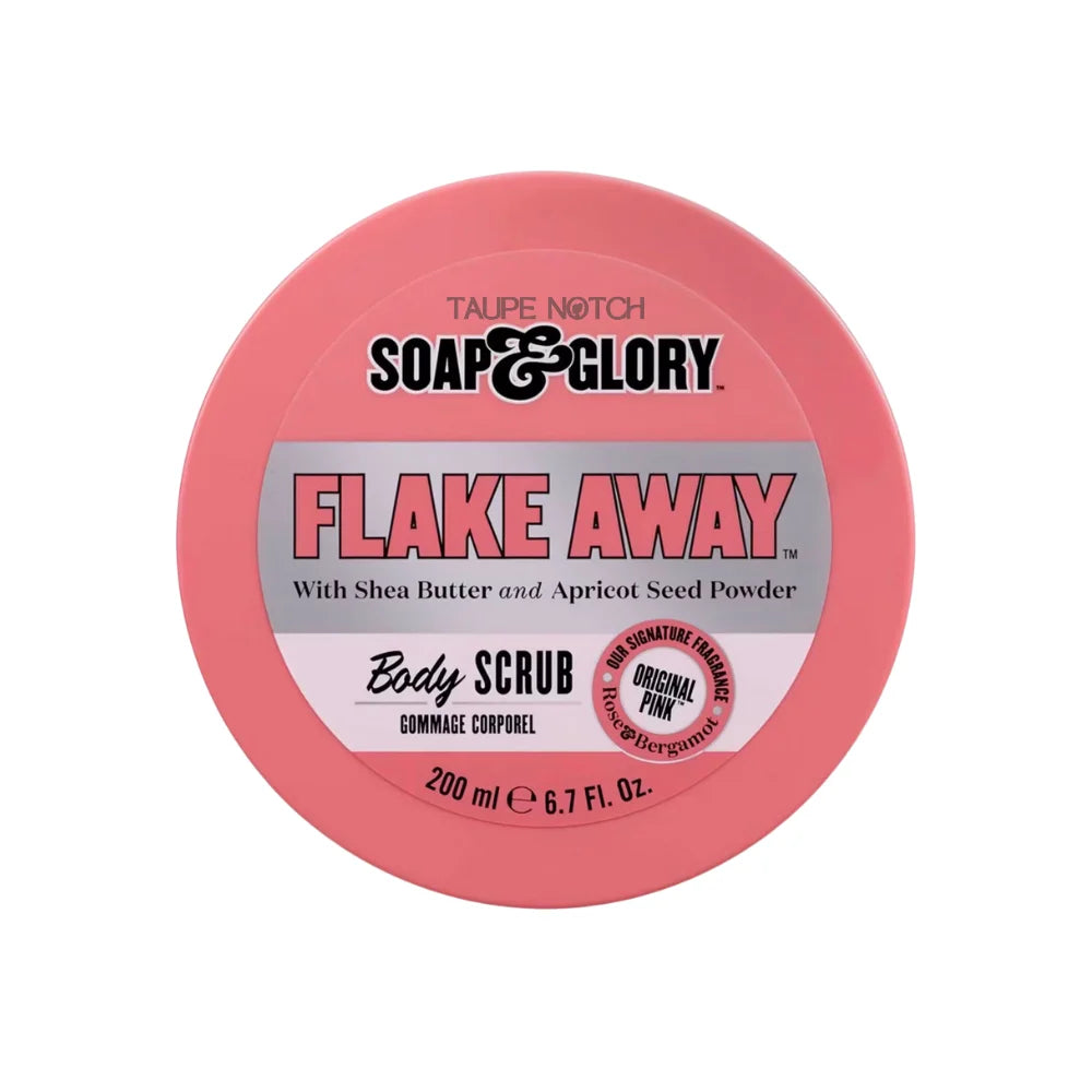 Soap & Glory Flake Away body scrub jar, pink round tub, 200 ml