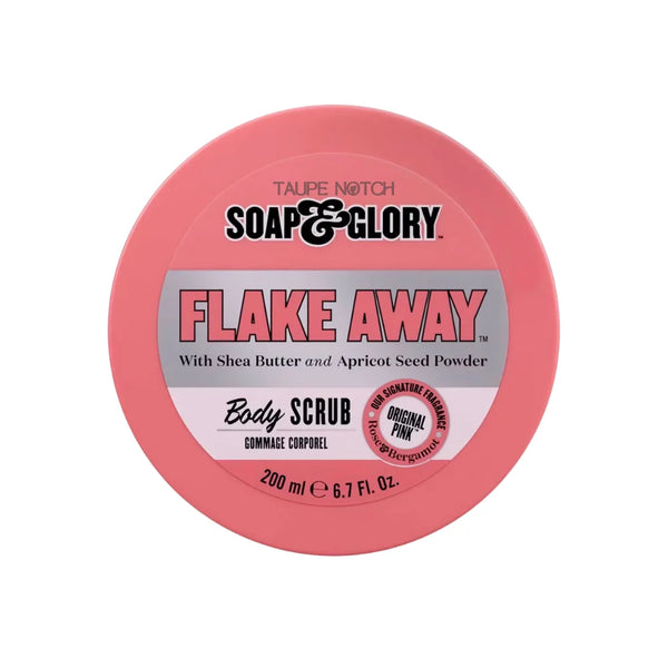 Soap & Glory Flake Away body scrub jar, pink round tub, 200 ml