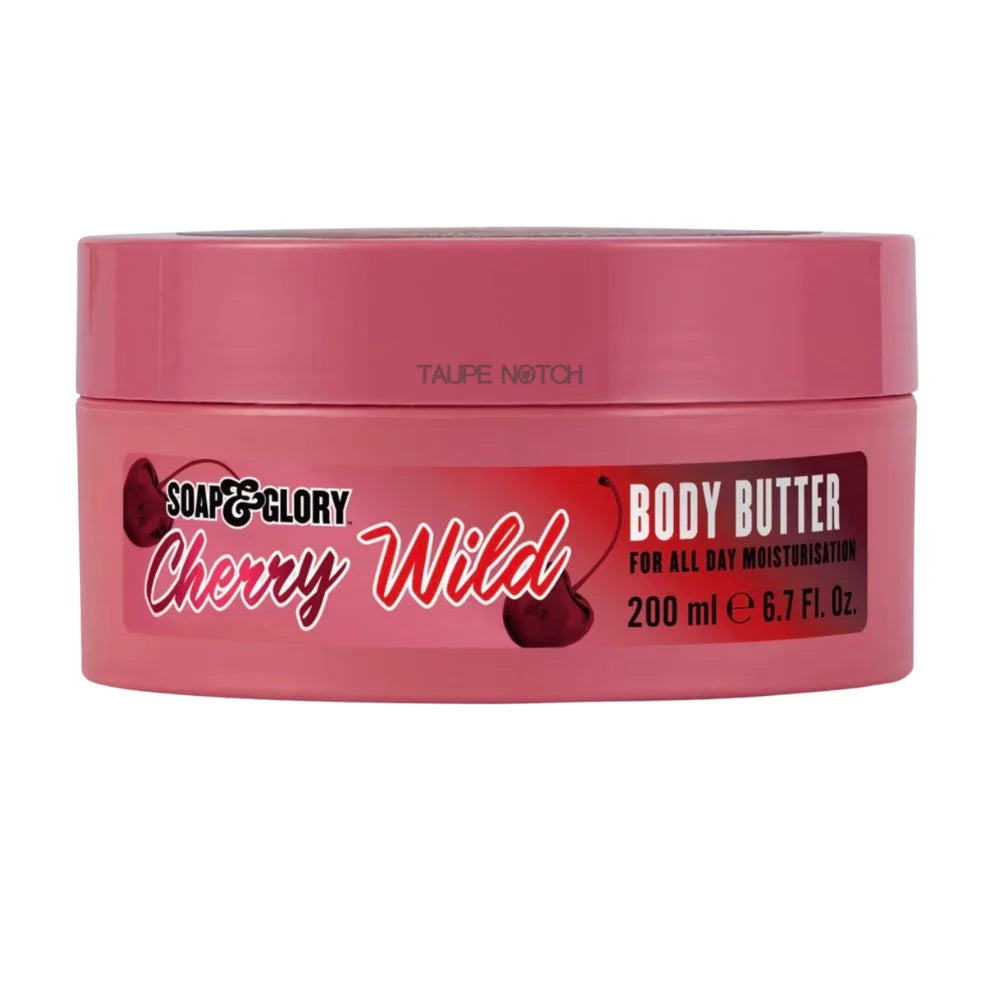 Soap & Glory Cherry Wild body butter jar, pink plastic tub with lid
