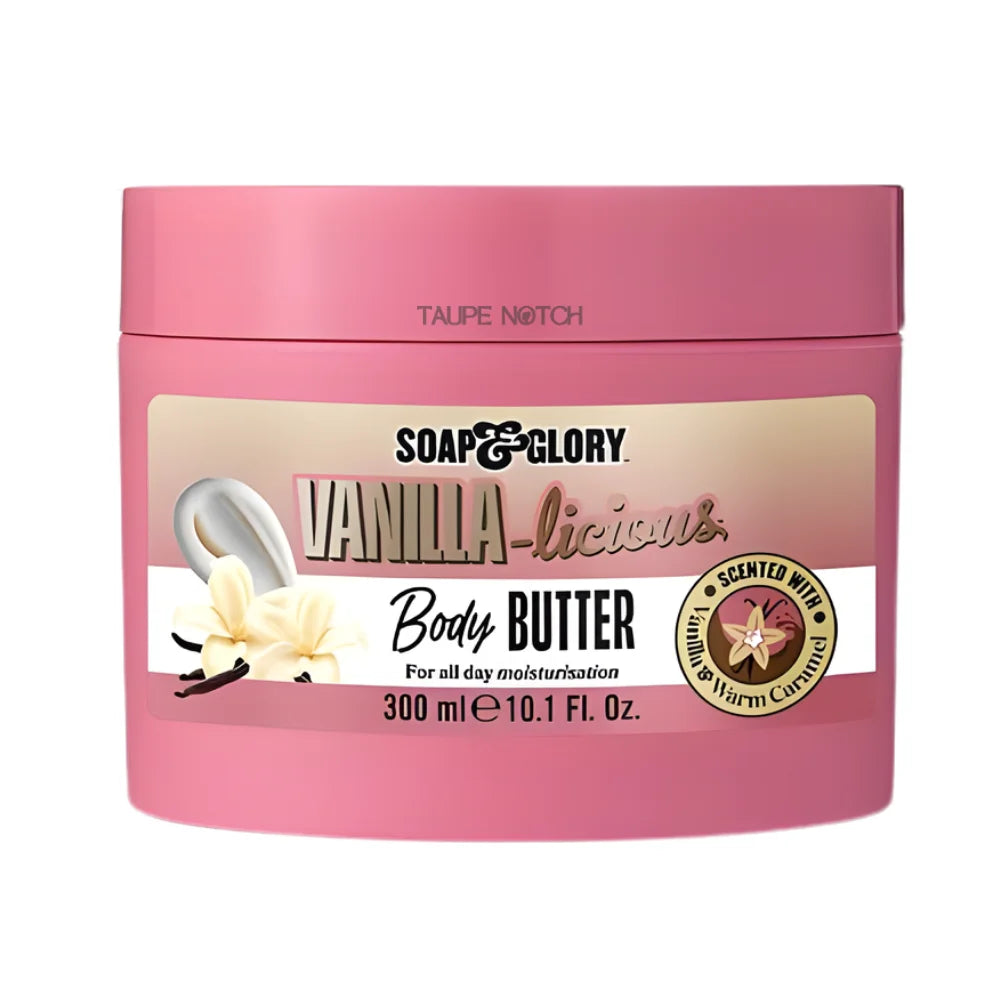 Soap & Glory Vanilla-licious body butter jar, pink with vanilla-themed label