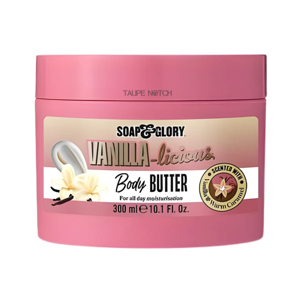 Soap & Glory Vanilla-licious body butter jar, pink with vanilla-themed label