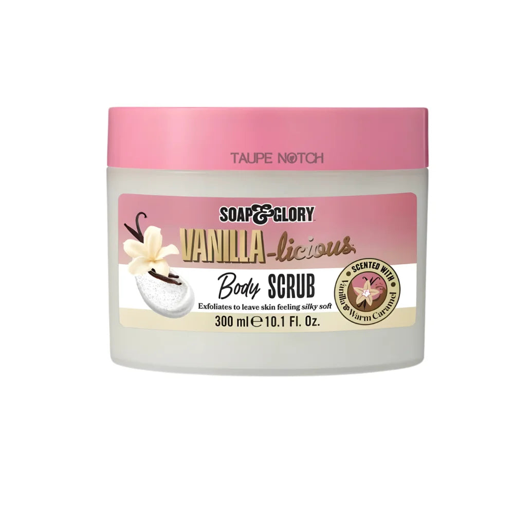Vanilla-licious body scrub jar, pink lid and label, 300 ml