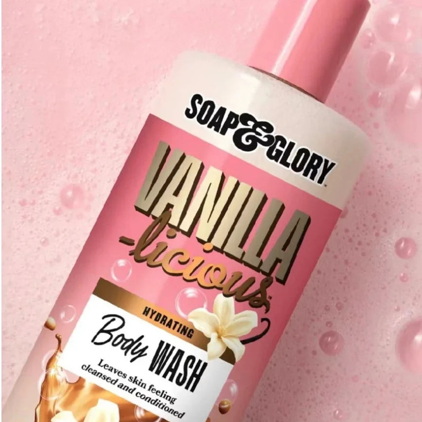 Soap & Glory Vanilla-licious body wash label on pink bottle