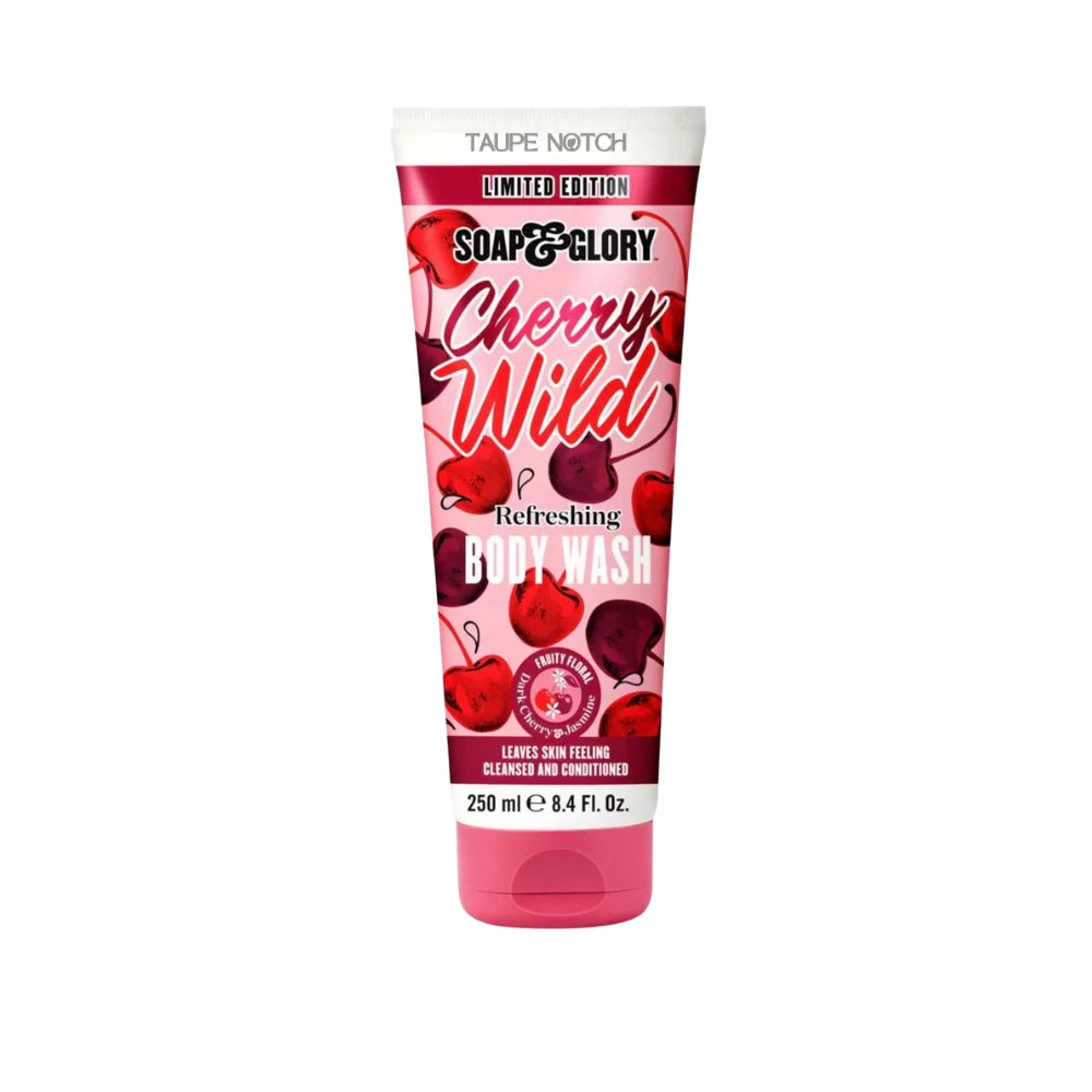 Cherry-scented body wash bottle, pink tube with cherry graphics, 250 ml