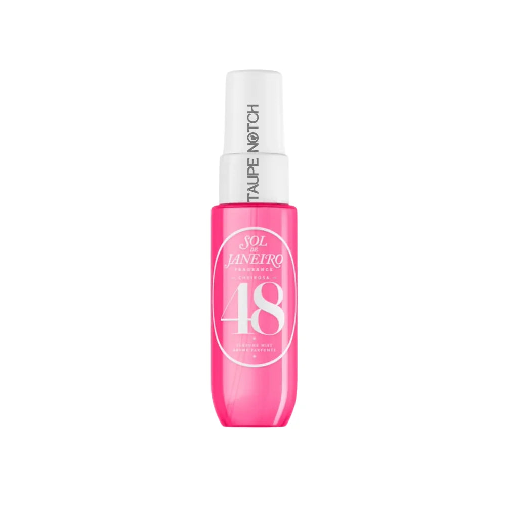 Sol de Janeiro 48 perfume mist bottle, translucent bright pink with white spray cap.